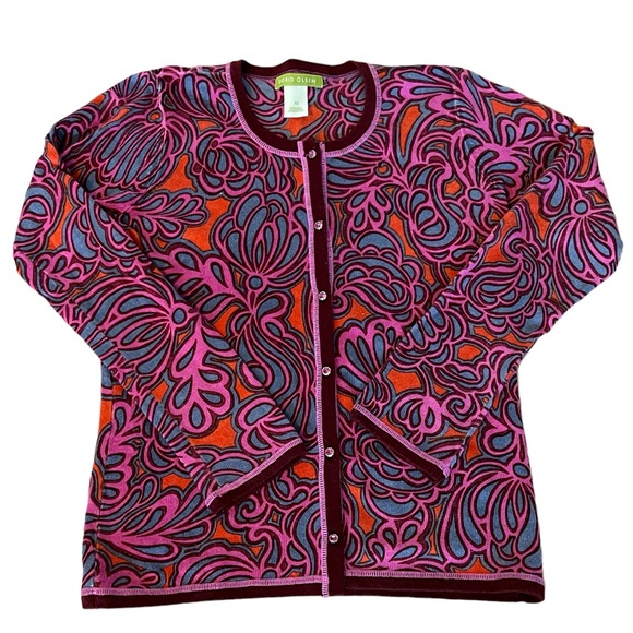 Vintage 90’s Sigrid Olsen Cut Out Woven Leather Trim Cardigan Size M